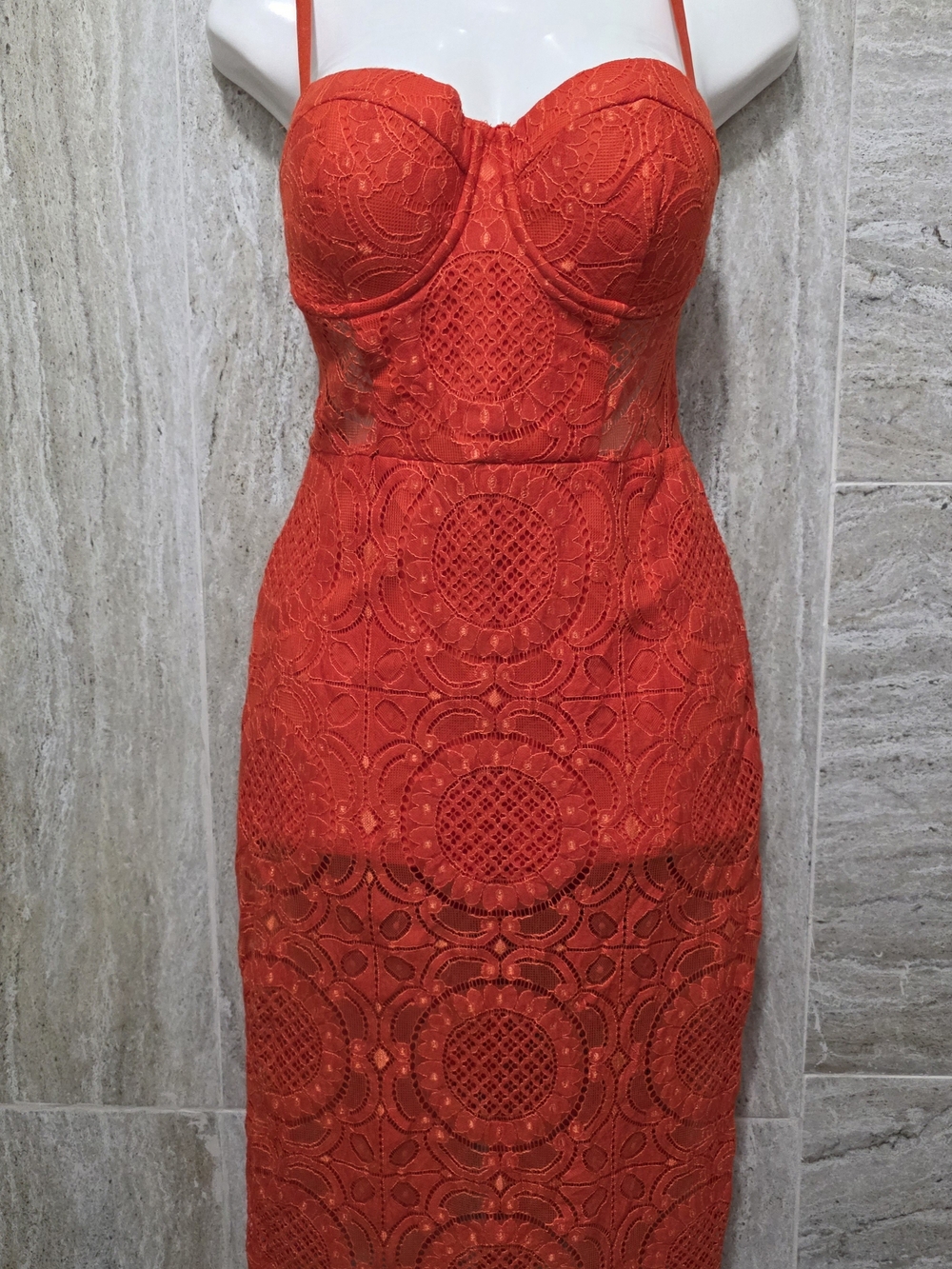 bebe Orange Strapless Lace Bodycon Dress